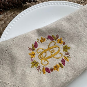 Linen Monogrammed Embroidered Napkins, Thanksgiving linen napkins, fall napkins, hemstitched napkins