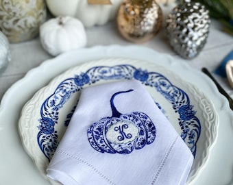 Monogrammed Linen Napkins | Embroidered Pumpkin, Thanksgiving Decor