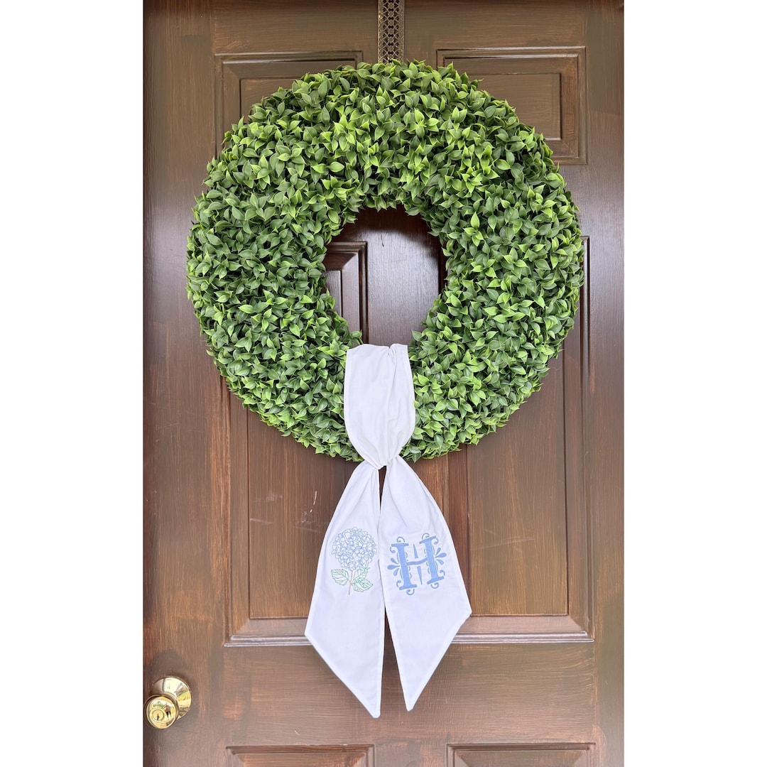 Monogrammed Hydrangea Wreath Sash: Custom Embroidered Door Decor