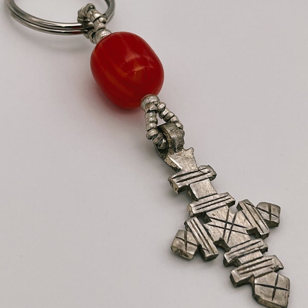 Porte-clés croix copte éthiopienne | Porte-clés africaines en perles d'argent | porte-clefs vintage | Bijoux Bétel