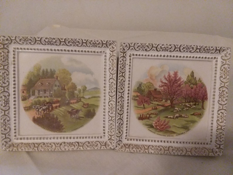 currier and ives square plate wedding present vintage pair of large ceramic tiles house warming gifts decorative painted tile