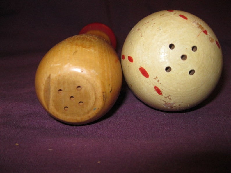 Vintage wood Japan baseball bat and baseball salt and pepper shakers