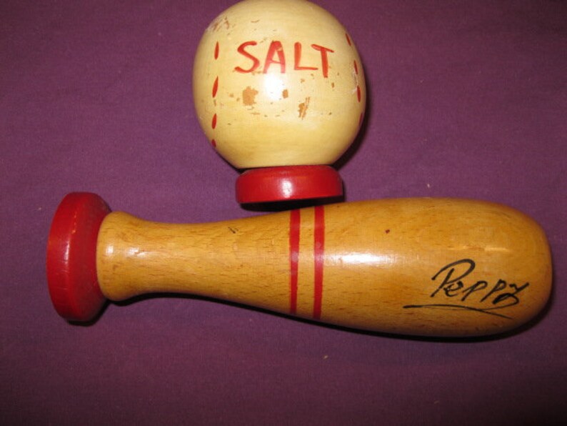 Vintage wood Japan baseball bat and baseball salt and pepper shakers