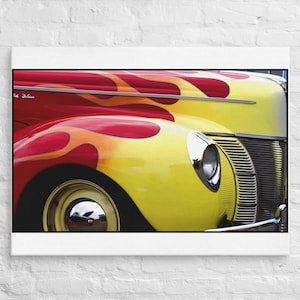 1940 Ford Deluxe Hot Rod Canvas Print – Red with Yellow Flames, Classic Car Wall Art Side View