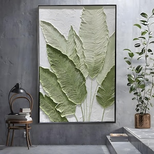 Art mural 3D original paysage feuille, peinture à l'huile 3D feuille verte, peinture texturée minimaliste feuille verte, décoration de salon tendance personnalisée