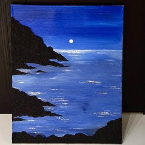 Peinture texturée minimaliste abstraite bleu océan lune, peinture à l'huile 3D originale lune vague de mer sur toile, décoration de salon tendance personnalisée