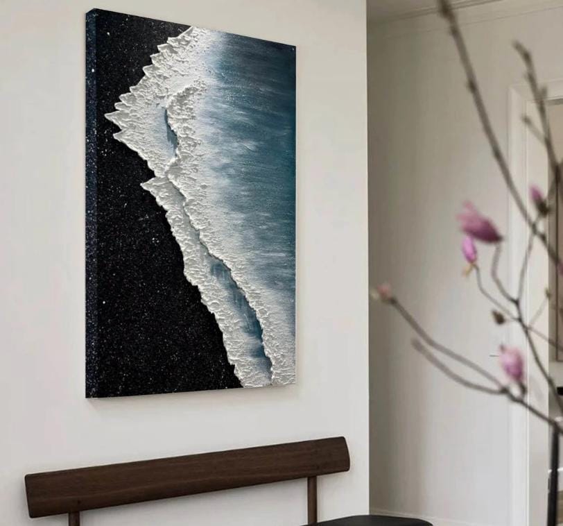 Original 3D Sea Wave Beach Landscape Oil Painting On Canvas,Abstract Blue Ocean Minimalist Textured Painting,Custom Trendy Living Room Decor