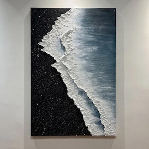Peinture à l'huile originale 3D de paysage de plage avec vagues de mer sur toile, peinture texturée minimaliste abstrait bleu océan, décoration de salon tendance personnalisée
