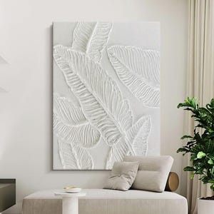 Peinture à l'huile originale 3D de feuilles blanches sur toile, texture lourde abstraite minimaliste, peinture à la main de feuilles blanches, décoration murale moderne personnalisée pour chambre à coucher