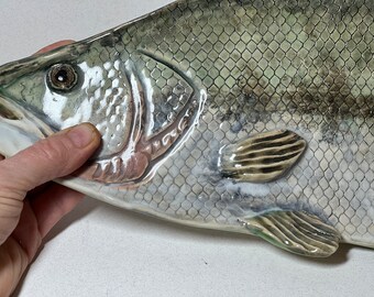 20" Large Mouth Bass Fish Stoneware Platter