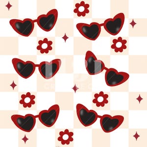 May include: A repeating pattern of red heart-shaped sunglasses with black lenses, red flowers, and maroon star shapes on a checkered background of white and light peach squares. The sunglasses are the primary focus of the design.