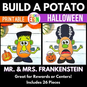 May include: A printable Halloween-themed set featuring Mr. and Mrs. Frankenstein potato heads. The set includes 26 pieces and is designed for rewards or classroom centers. The image shows the potato heads with their arms and accessories, along with a pumpkin.