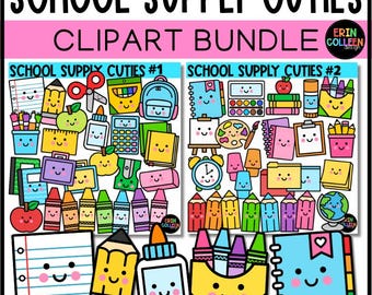 School Supply Cuties Clipart Bundle - With and Without Faces - Back To School - Color & BW - Commercial Use - PNG - 172 Images