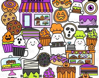 Halloween Bakery Clipart - Halloween Clipart - Cute Ghosts - Cake, Cookies, Donuts - Color & BW - Commercial Use - PNG - Instant Download