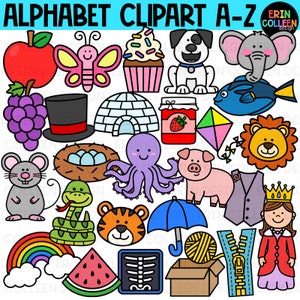 Clipart alfabeto, A-Z, ABC, Clipart dalla A alla Z, Lettere, Scuola, Fonetica, Suoni iniziali, Colore e BW, Uso commerciale, PNG, Download istantaneo