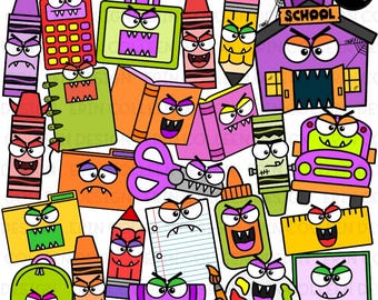 Halloween School Clipart - Halloween Clipart - Scary School Supplies- Haunted School - Color & BW - Commercial Use - PNG - Instant Download