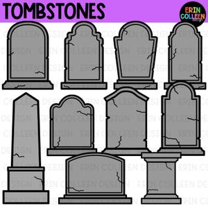 Può includere: Una collezione di dieci illustrazioni di lapidi grigie con contorni neri e texture crepate. La parola TOMBSTONES è stampata in grandi lettere nere nella parte superiore e un logo circolare di Erin Colleen Design si trova in alto a destra.