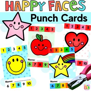 May include: A set of colorful punch cards featuring the text HAPPY FACES Punch Cards and DIGITAL DOWNLOAD. The cards display illustrations of a pink star, a red apple, a red heart, a yellow smiley face, and a yellow star with a rainbow.
