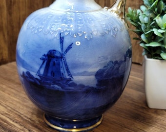 RARE - Antique Sampson Bringwood - Porcelain Handpainted Claret Pitcher - &quot;Dutch&quot; Flow Blue - 1880s