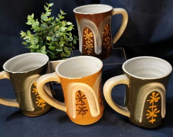 VTG - Pottery / Stoneware Mugs - Abstract Design - Set of 4 Handmade / Handpainted - Japan - 1970s