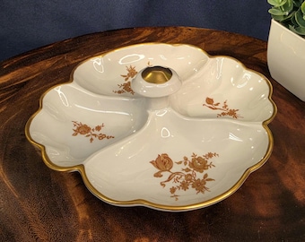 VTG - Limoges "Gold Rose" - Porcelain Divided Dish with handle - 24k Gold - Gine Porcelain - France - 1950s