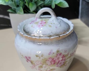 Antique - Dresden Germany Porcelain - Floral Jar with Lid - Gold Accent - Small Biscuit Jar - 1920s
