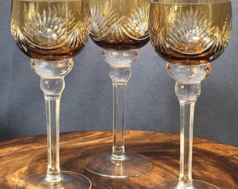 VTG - Boho Crystal - Golden Amber - Juego de 3 copas de vino de cristal tallado - Años 60