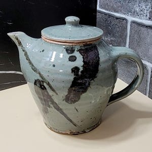 Large Artisan Made Oriental Pottery Teapot - Green and Bronze