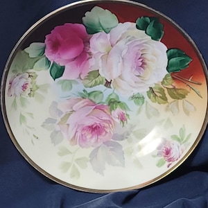 Antique - O & E G Royal Austria - Hanpainted Plate - Signed Laportes - Handpainted Cabbage Roses with Gold Rim - 1890s