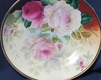 Antique - O & E G Royal Austria - Hanpainted Plate - Signed Laportes - Handpainted Cabbage Roses with Gold Rim - 1890s