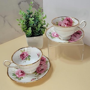 VTG - Royal Albert - American Beauty - Fine Bone China - Set of 2 Tea Cups - Avon Shape Rose Teacups with Gold Accent - 1940s