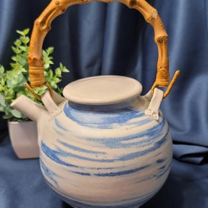 VTG - Studio Art Pottery - Asian Teapot - Blue and white - Satin Glaze - Bamboo Handle - Not Signed - 1980s