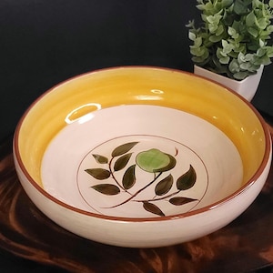 Puede incluir: Un cuenco de cerámica con interior color crema y borde amarillo. El cuenco presenta un diseño floral marrón con detalles verdes. El borde y la base tienen un borde marrón. El cuenco está colocado sobre una bandeja de madera.