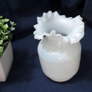 Antique - Bristol Glass - Opaline Ruffled/Crimped  Vase - Victorian White Opalescent Glass - 1890s