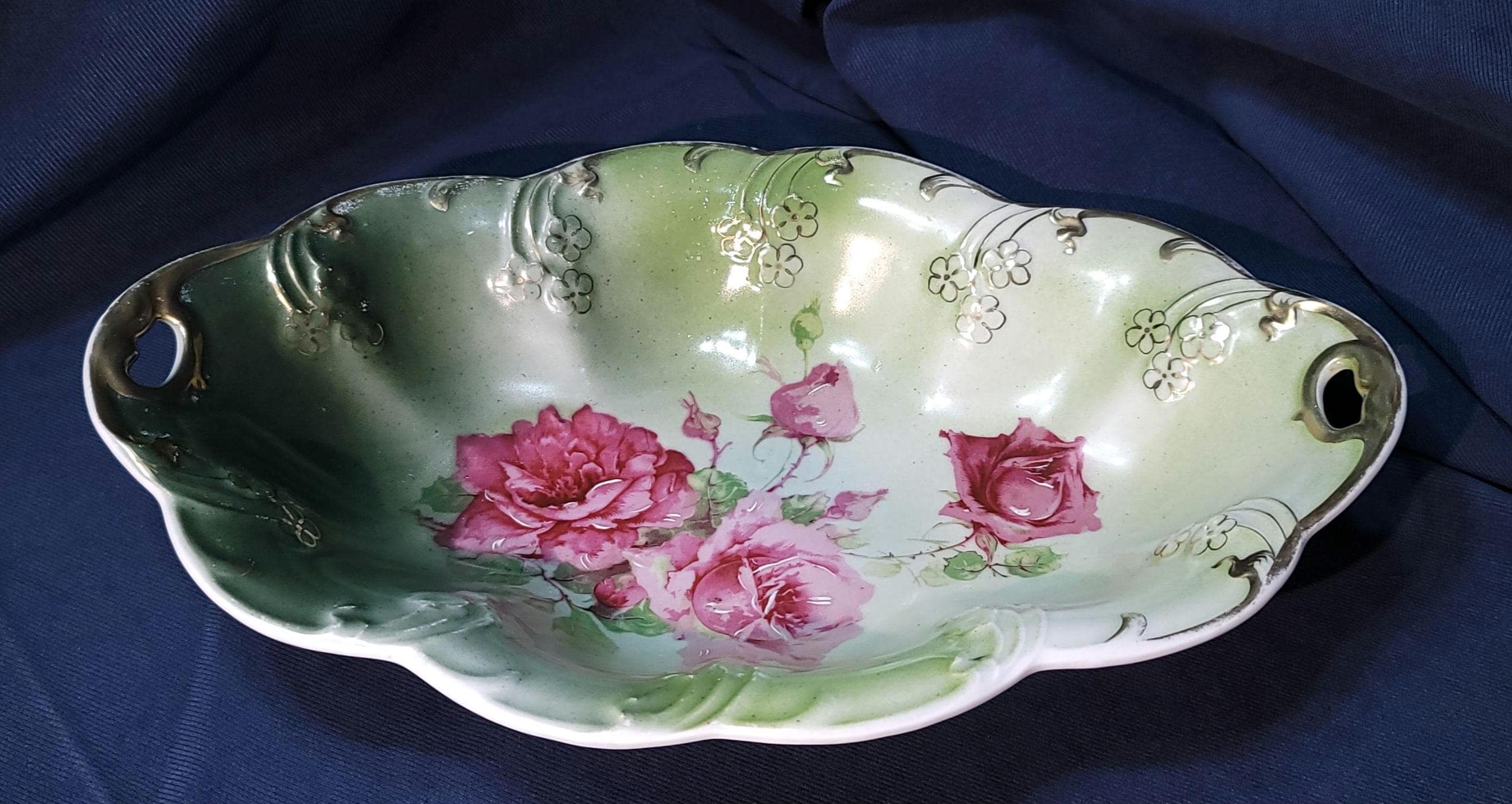 Antique Carl Tielsch Altwasser  (C.T) Porcelain - Handpainted Porcelain Oval Platter - Cabbage Roses - Germany - 1890s