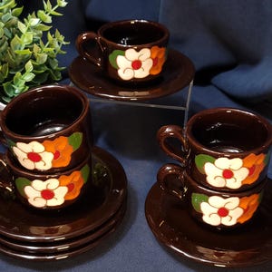 VTG - Winterling - Bavaria - Retro Espresso Cups and Saucers Set - Orange/White Flowers -  1970s Kitsch