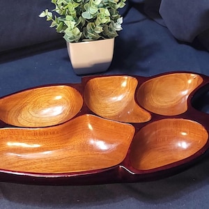 VTG - Hawaiian Monkey Pod - Carved Wood Divided Tray - 5 pods - Laquered Red Mahogany - 1960s