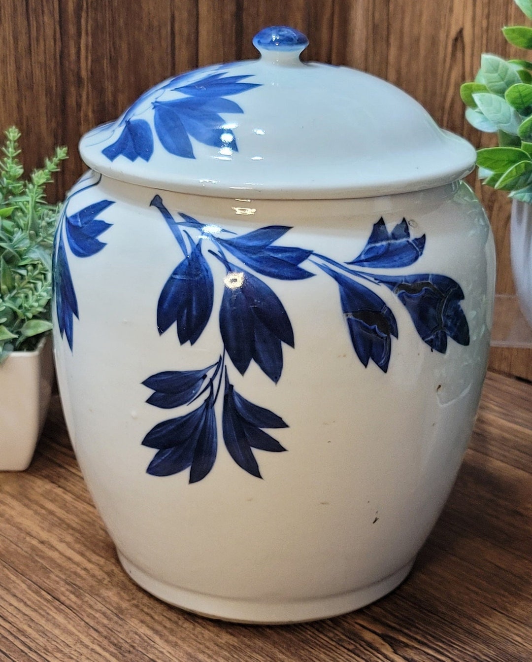 Ceramic/pottery Biscuit Jar Hand Pained Blue and White Floral Etsy