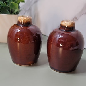 Könnte beinhalten: Zwei braune Salz- und Pfefferstreuer aus Keramik mit glasierter Oberfläche. Die Streuer haben eine abgerundete, bauchige Form mit einer kleinen Öffnung oben.