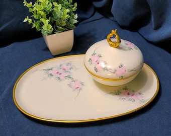 Antique T&V Limoges France - Porcelain Vanity Tray with Covered Powder Puff Box - Hand Painted - 1905