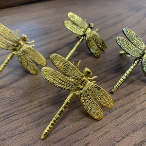 May include: Four gold-coloured dragonfly-shaped decorative drawer pulls. The dragonflies have detailed wings and bodies.