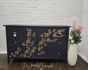 トップス draw drawers flower T Double Chest of Drawers 160 Cm Painted Bespoke Stencilled Navy and