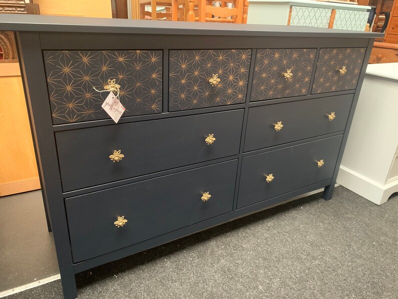 Ikea Hemnes 8 Chest of Drawers Painted Bespoke Stencilled Navy and Gold