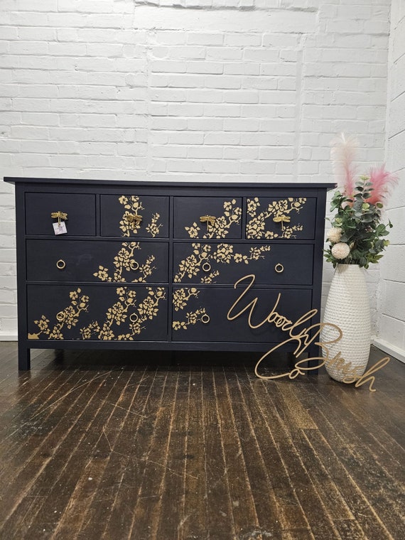 Double Chest of Drawers 160 Cm Painted Bespoke Stencilled Navy and