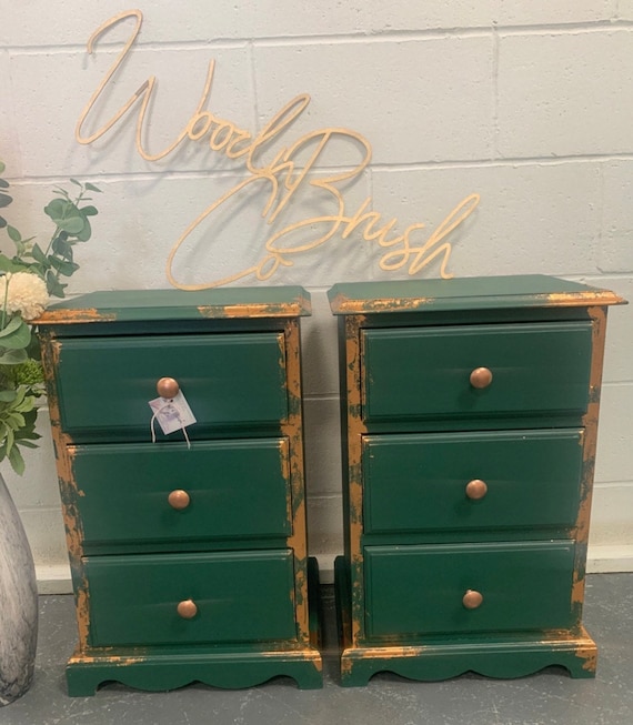 Pair of Bedside Tables Painted Green Copper Leaf Etsy