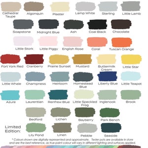 May include: A chart of paint colors with names like "Picket Fence", "Casement", "Raw Silk", "Limestone", "Champlain", "Putty", "Cathedral Taupe", "Algonquin", "Plaster", "Lamp White", "Sterling", "Little Lamb", "Soapstone", "Midnight Blue", "Ash", "Coal Black", "Chocolate", "Little Stork", "Little Piggy", "English Rose", "Coral", "Tuscan Orange", "Fort York Red", "Cranberry", "Prairie Sunset", "Mustard", "Buttermilk Cream", "Little Star", "Little Whale", "Champness", "Heirloom", "Homestead Blue", "Liberty Blue", "Little Teapot", "Azure", "Laurentian", "Renfrew Blue", "Little Speckled Frog", "Inglenook", "Brook", "Bedford", "Lichen", "Bayberry", "Park Bench", "Lily Pond", "Linen", "Pebble", "Seaside", "Pearl", "Champagne", "Brushed Steel", "Pale Gold", "Copper", and "Bronze".