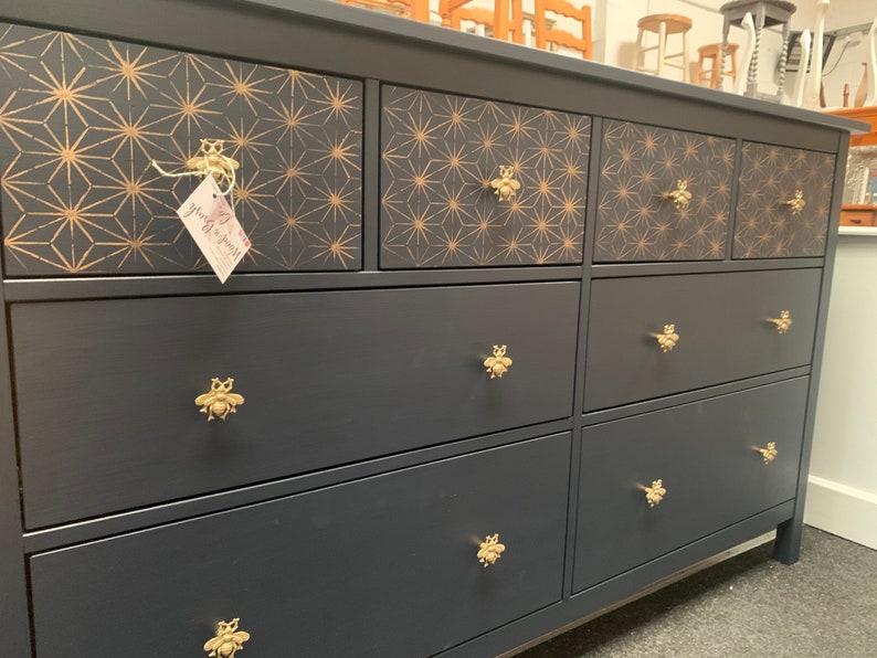 Ikea Hemnes 8 Chest of Drawers Painted Bespoke Stencilled Navy and Gold