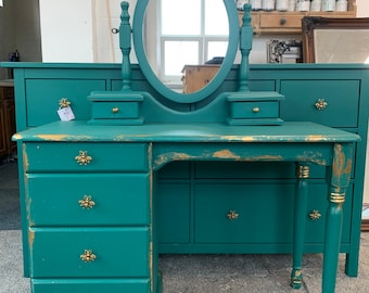 Dressing Table Painted Bespoke Moroccan Geometric Gold Leaf Bee Elephant Handles Stencilled