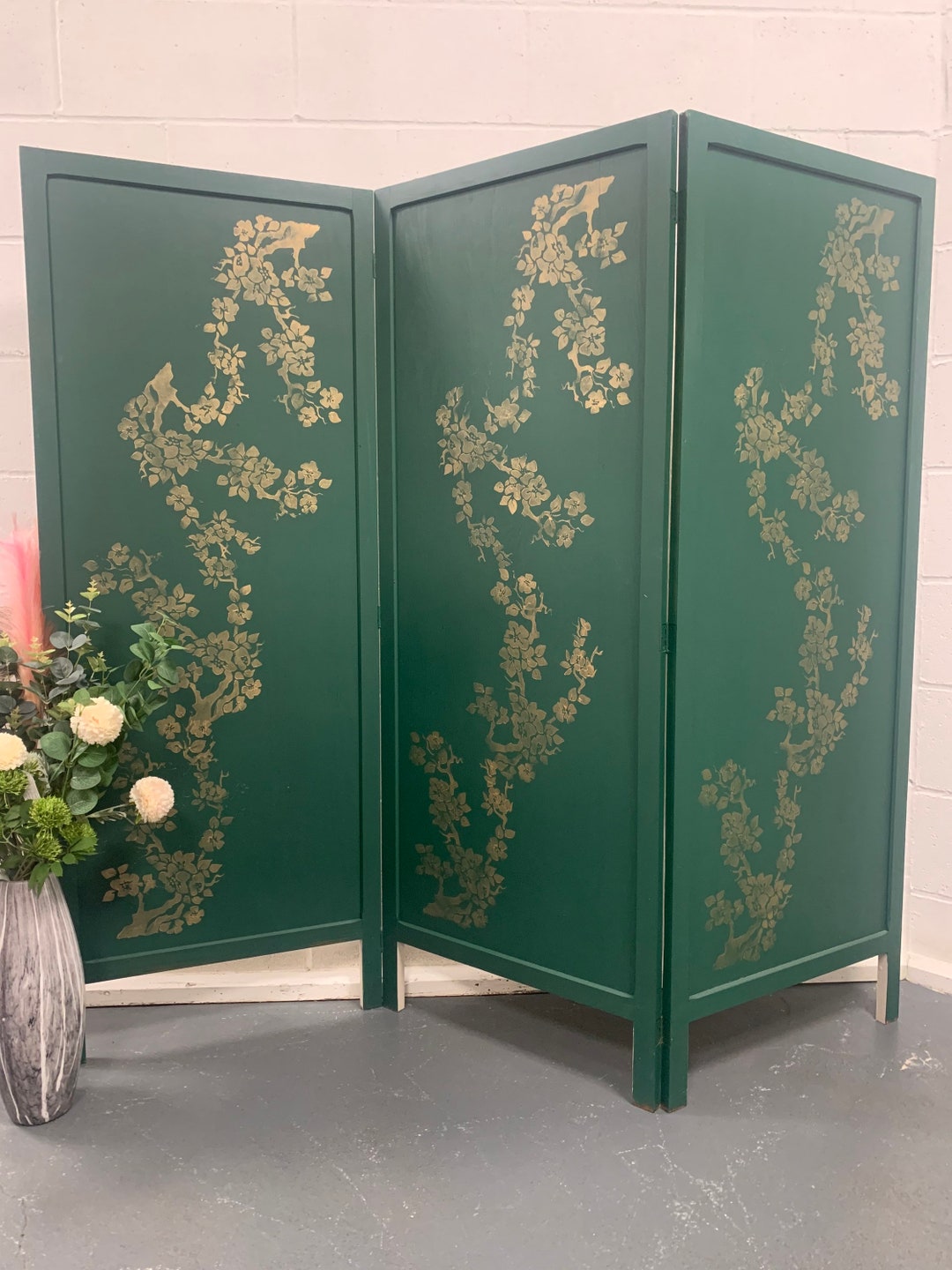 Hand Painted Blossom Gold Dark Green Cream Room Divider Screen - Etsy