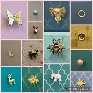 May include: A collage of various decorative drawer pulls and knobs in different shapes and colors, including a butterfly, elephant, bee, horse, deer, and fox. The knobs are made of metal and have a vintage aesthetic.